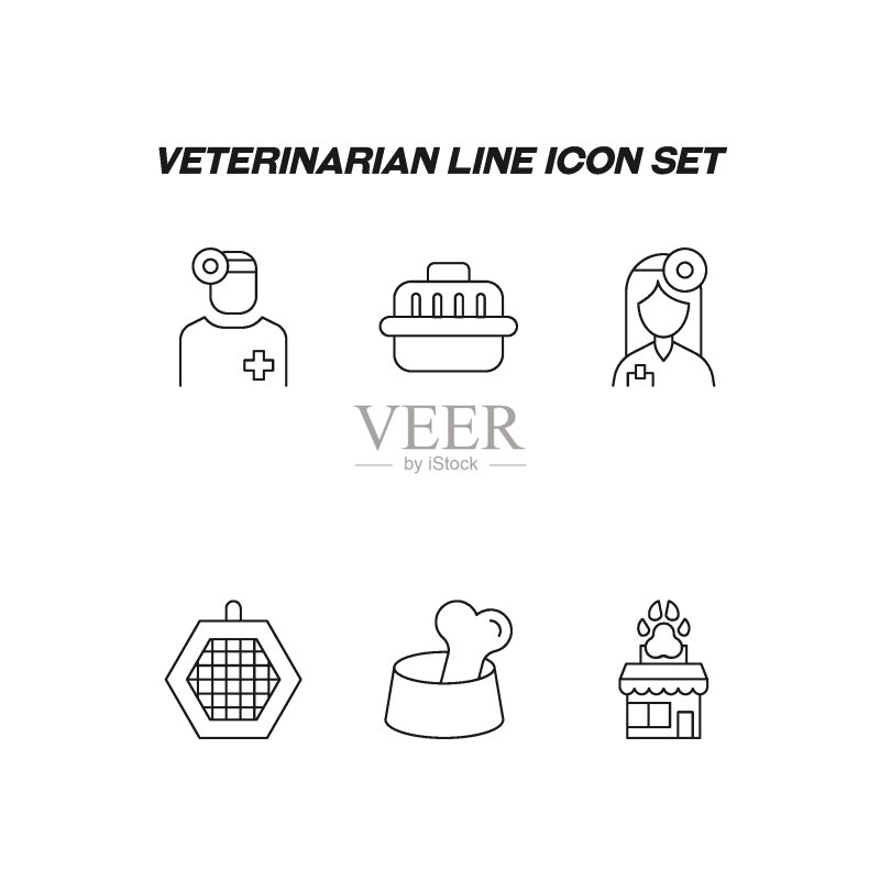 工业概念。现代高品质兽医线条图标合集。可编辑笔画。兽医、猫笼、碗中骨头、兽医诊所的优质线性符号图标素材