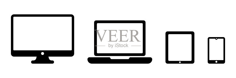 设备图标：电脑、笔记本电脑、平板电脑和智能手机集合。适用于网站、移动应用的矢量插图图标素材