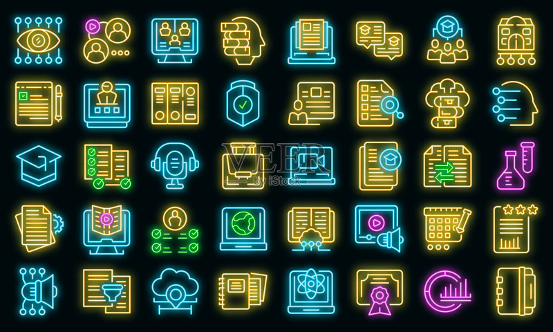 学习管理系统图标矢量霓虹灯集图标素材