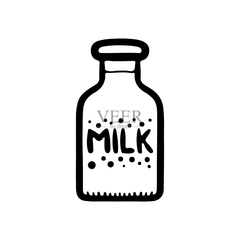 牛奶瓶图标。黑色墨水轮廓线性轮廓。正面垂直视图。矢量简单扁平图形手绘插图。白色背景上的孤立对象。隔离。图标素材