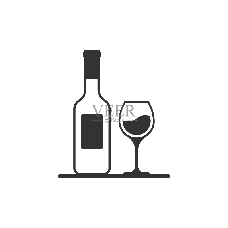 扁平风格的葡萄酒杯和酒瓶图标。香槟饮料矢量图在孤立背景上。鸡尾酒饮品标志商业理念。图标素材