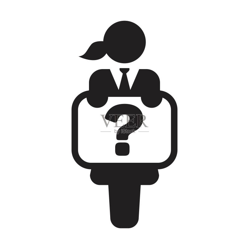 商务图标矢量图：带问号的女性人物，提供支持和服务图标素材