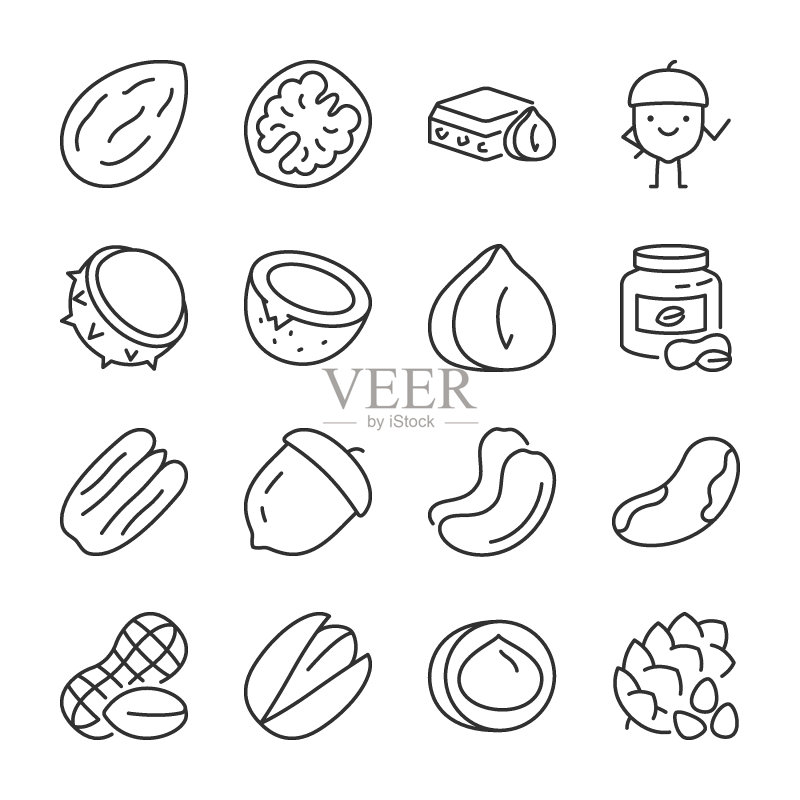 坚果图标集，各种产品，可编辑描边的线条图标素材
