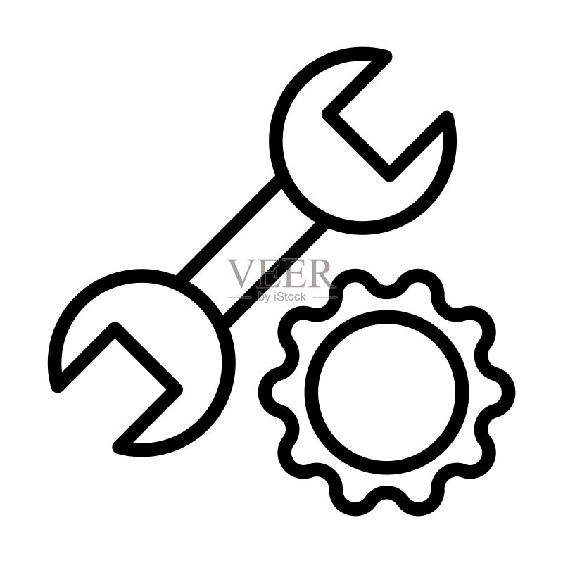 编辑工具系列中的维修工具图标。细线条维修工具、设置、白色背景上的车间轮廓图标。用于Web和移动设备的线条矢量维修工具标志、符号。图标素材