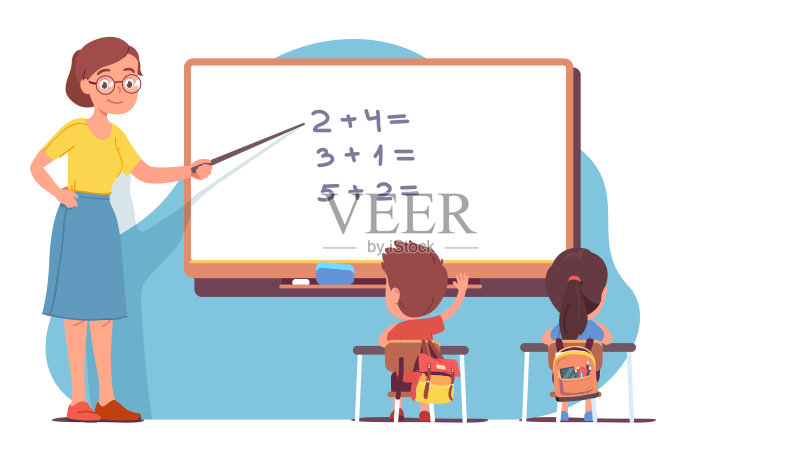 在学校的教室里，女老师指着白板给学生上数学课。坐在办公桌前的孩子学习数学。教育，知识，学习平面矢量插图正版插画素材