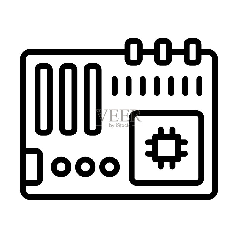 电子设备系列主板图标。白色背景上隔离的细线型主板、电脑、硬件轮廓图标。用于Web和移动设备的线性矢量主板标志、符号。图标素材