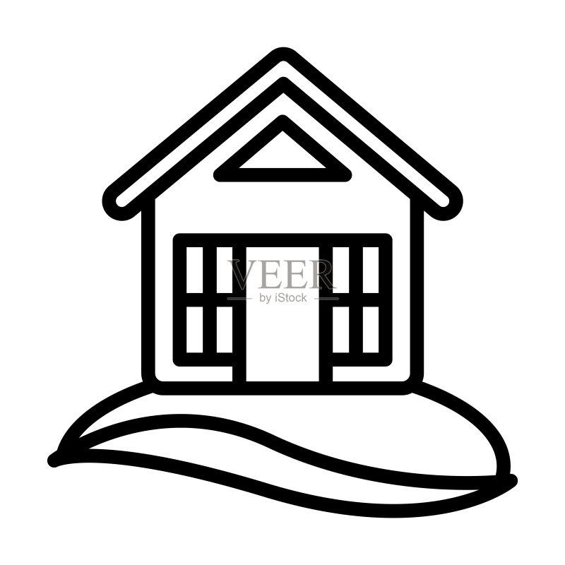 度假系列沙滩小屋图标。白色背景上的线性沙滩小屋、小屋、海洋轮廓细线图标。用于网页和移动设备的沙滩小屋标志、符号。图标素材