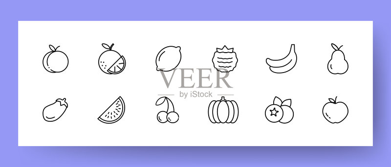 果蔬图标合集：西瓜、茄子、香蕉、南瓜和苹果图标素材