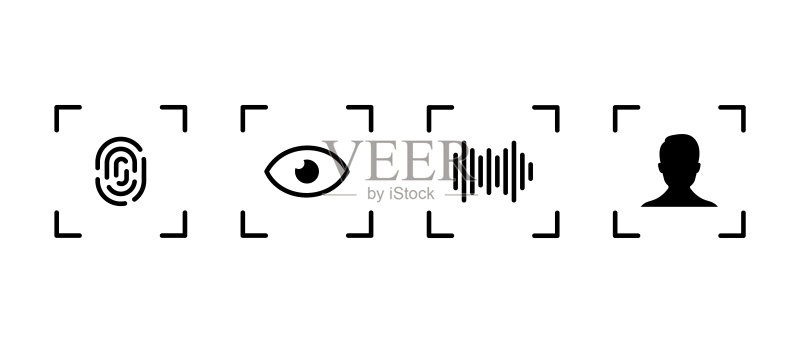 身份识别生物特征验证矢量图标集：指纹、面部ID、眼睛和语音扫描仪符号图标素材
