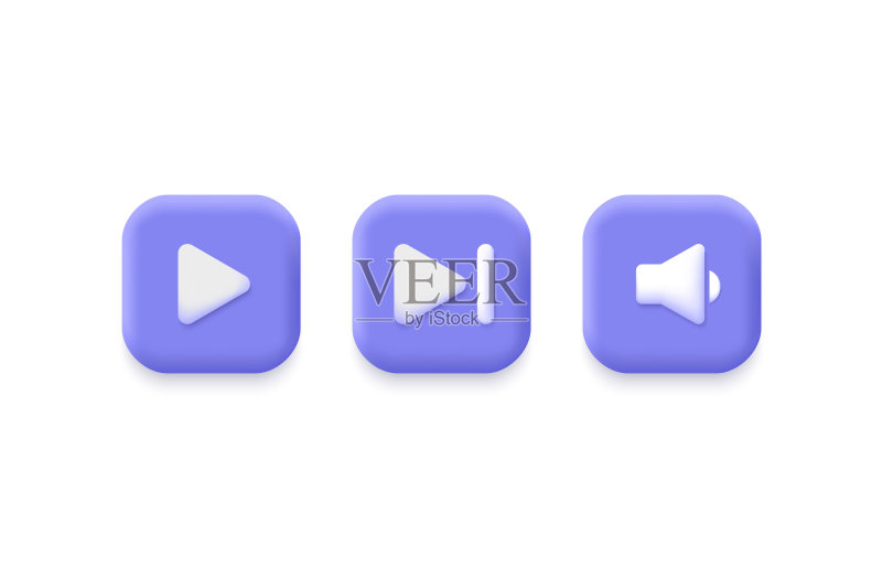 3D音乐播放器按钮，极简卡通风格图标素材