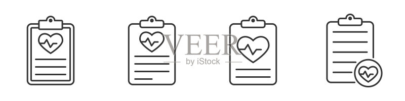 心血管医学报告图标集：心电图，心脏诊断报告，医疗保健概念，矢量图图标素材