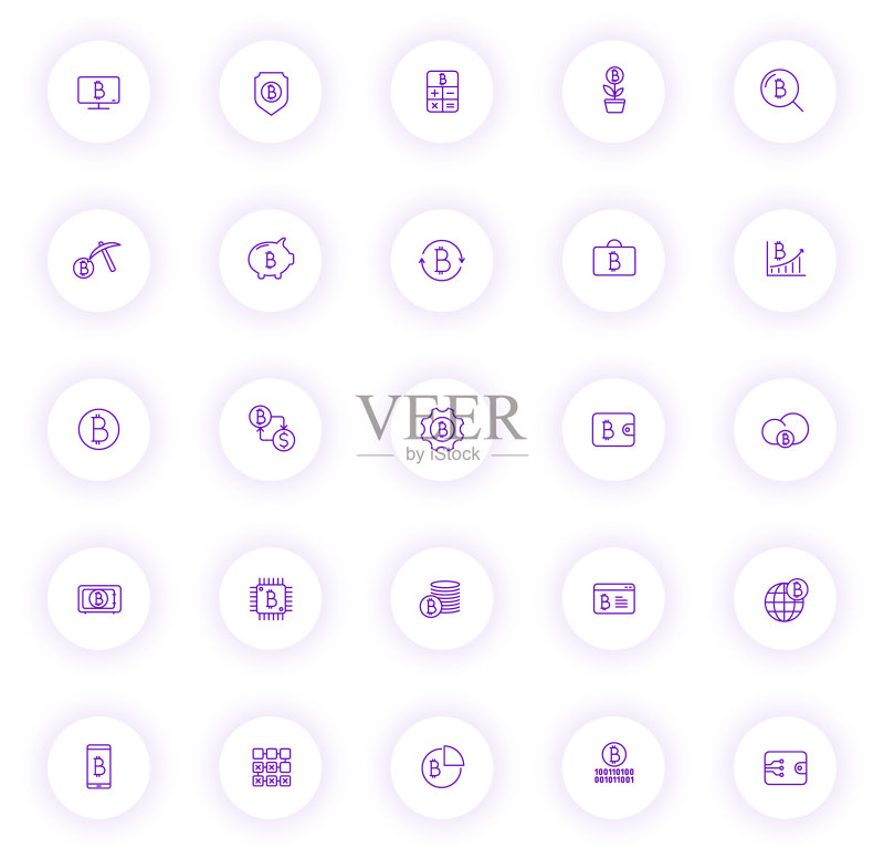 紫色比特币轮廓图标，浅色圆形按钮设计，适用于网页、移动应用和UI设计图标素材