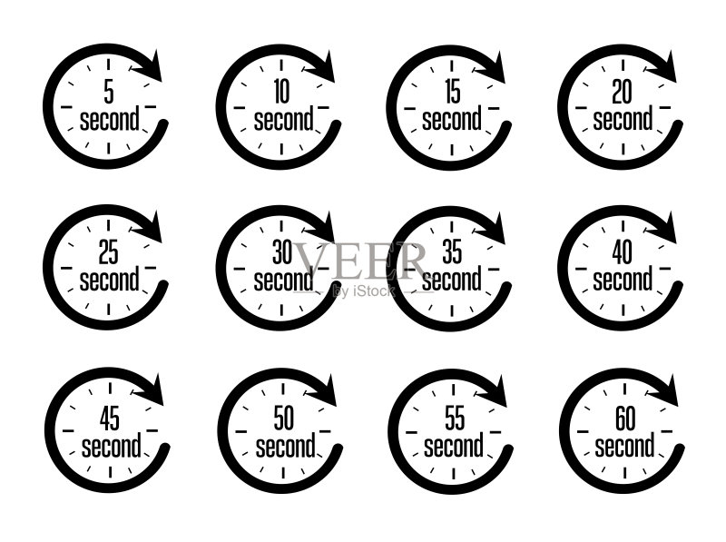 具有箭头图标的秒表：5、10、15、20、25、30、35、40、45、50、55、60秒。倒计时。服务时间。矢量图图标素材