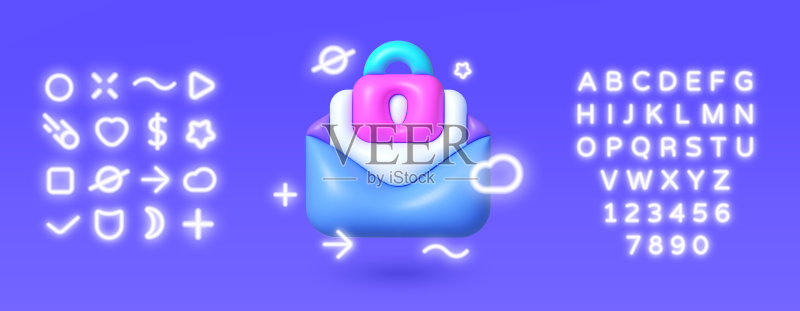 3D霓虹灯图标：网页安全邮件数据保护Web banner 3D矢量图标图标素材