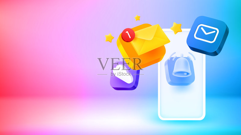 通过现代智能手机进行互联网邮件推送的3D矢量banner图标素材