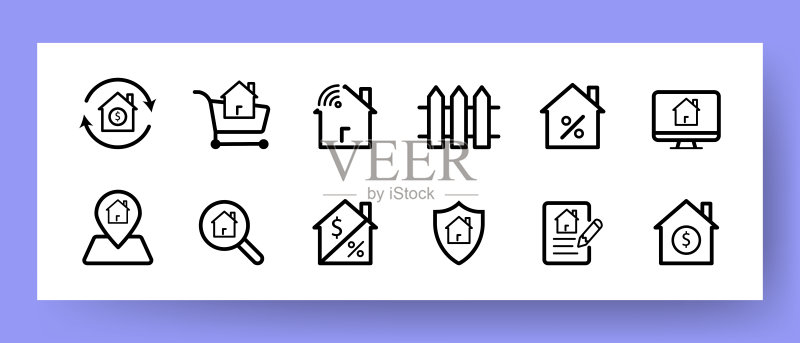 房屋图标：房屋买卖租赁、栅栏、安保、便利设施等矢量线条图标图标素材