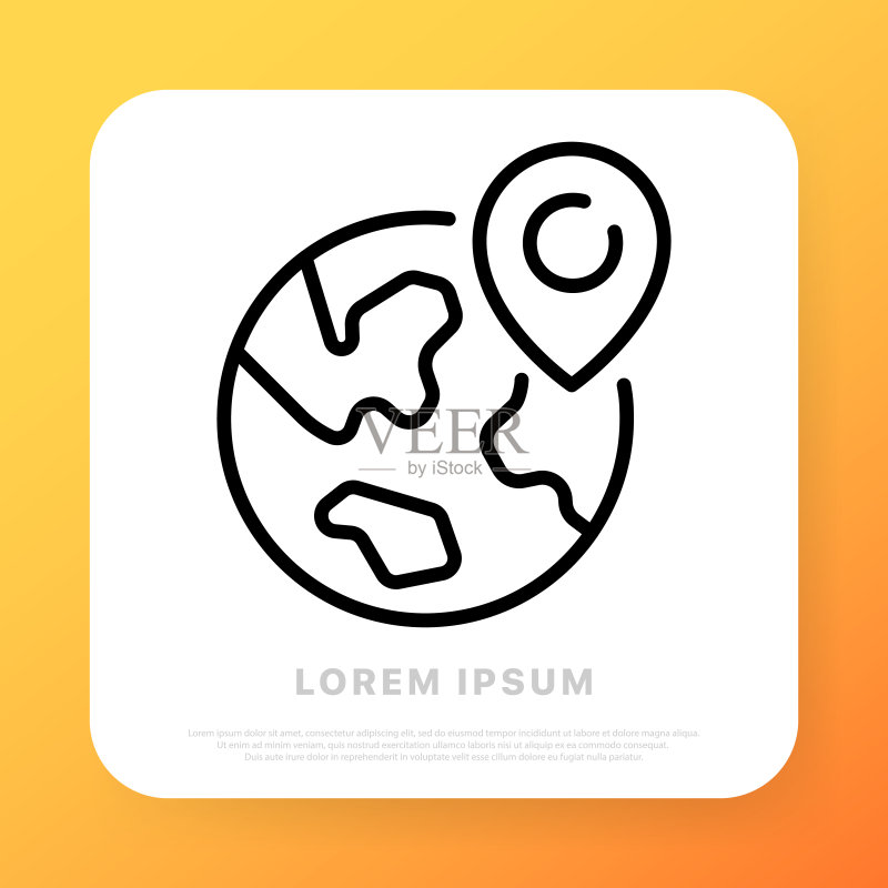 定位线性图标，行星上的指针，导航，GPS，地理定位概念，线性图标风格，用于商业和广告的矢量线性图标图标素材