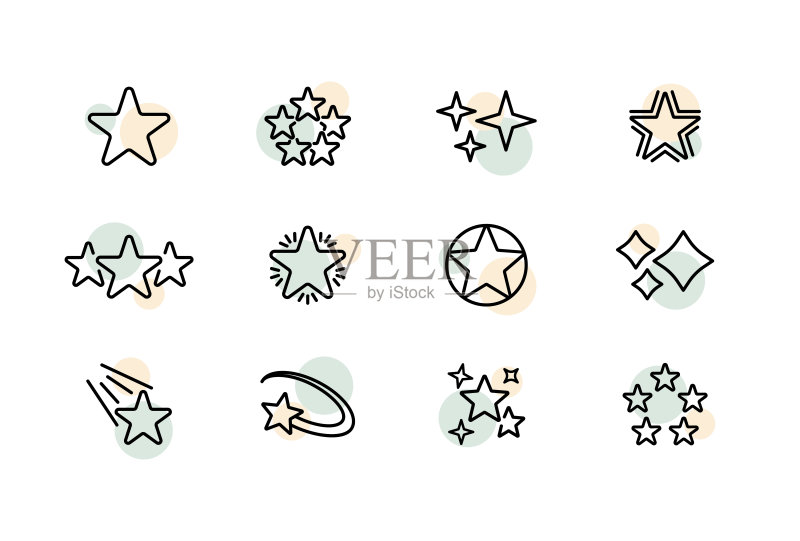 星形图标集：环绕、坠落、闪耀、带尾巴的星星。成就、计划、想法、梦想概念。线性风格。用于商业和广告的矢量线条图标图标素材