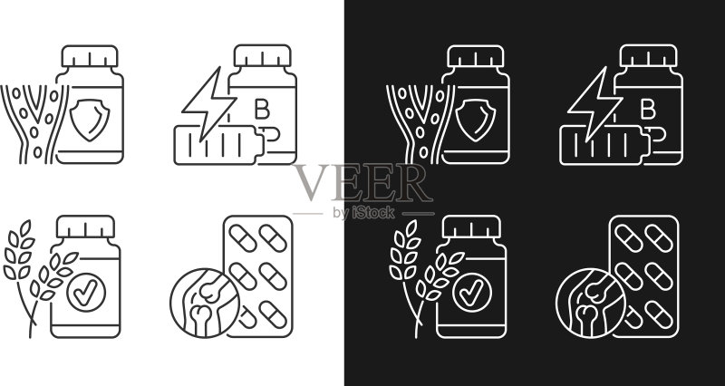 深色背景的膳食补充剂线性图标集图标素材