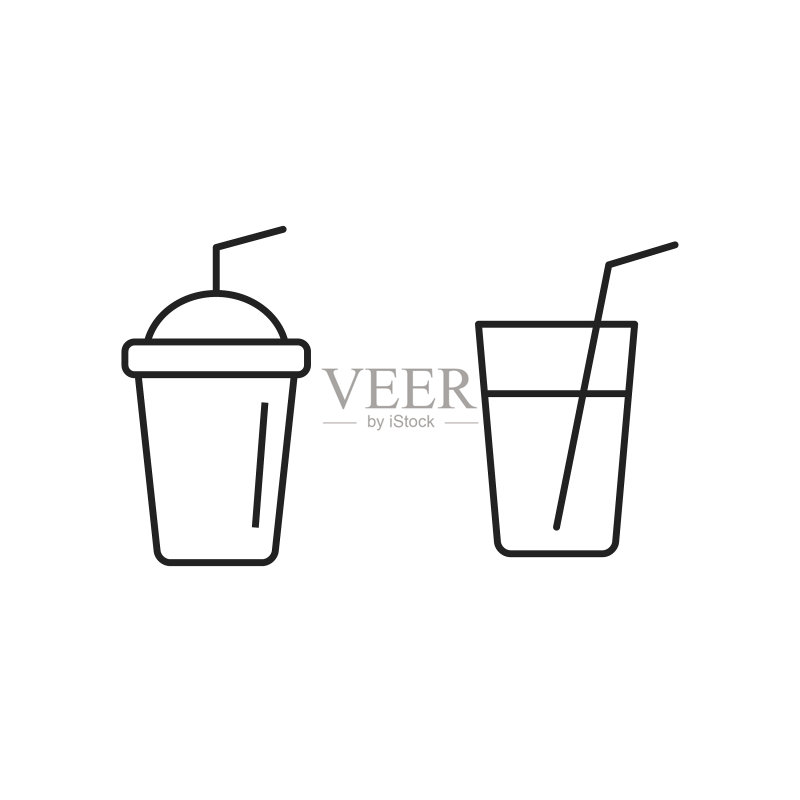 饮品杯图标线条集：咖啡奶昔茶图标素材