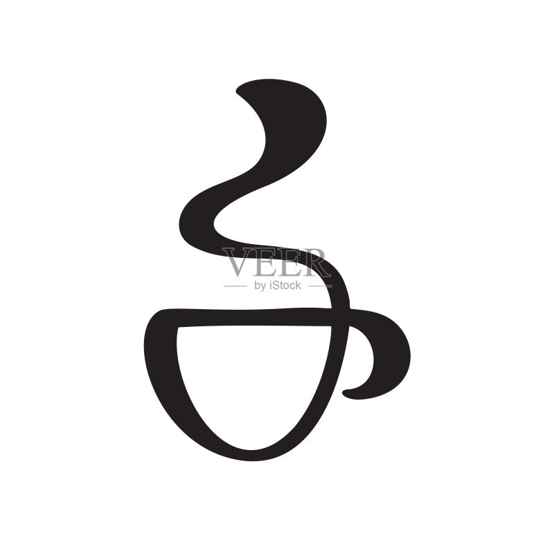 带蒸汽的矢量书法咖啡或茶杯，黑白书法插图，咖啡馆菜单纺织材料手绘设计图标素材