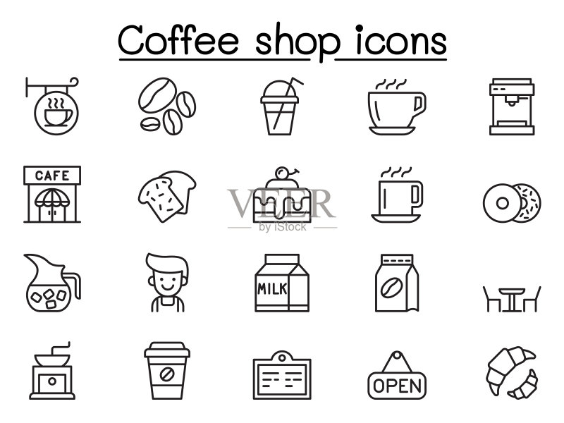 细线风格咖啡店图标集图标素材