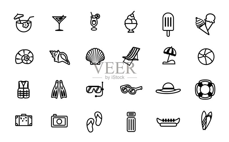 夏季线性图标集，旅行符号合集，矢量草图，海滩图标，旅游标志线性象形图包图标素材