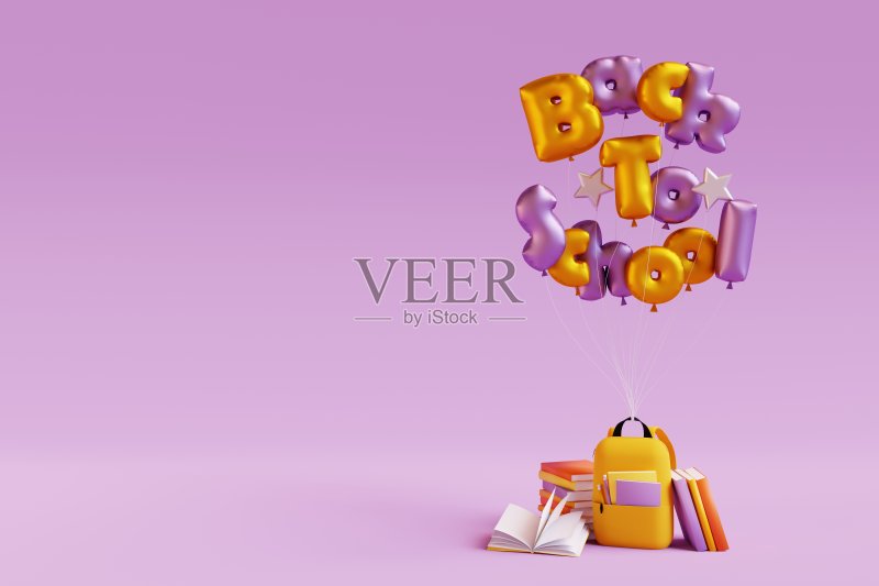 背包与不同的彩色文具和气球在粉红色的背景。三维渲染正版图片素材