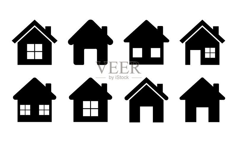 房屋图标矢量图：房屋符号，带房屋图标的黑色剪影，网页主页标志图标素材
