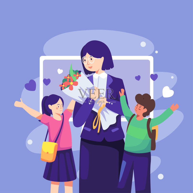 孩子们送给班主任一束花。正版插画素材