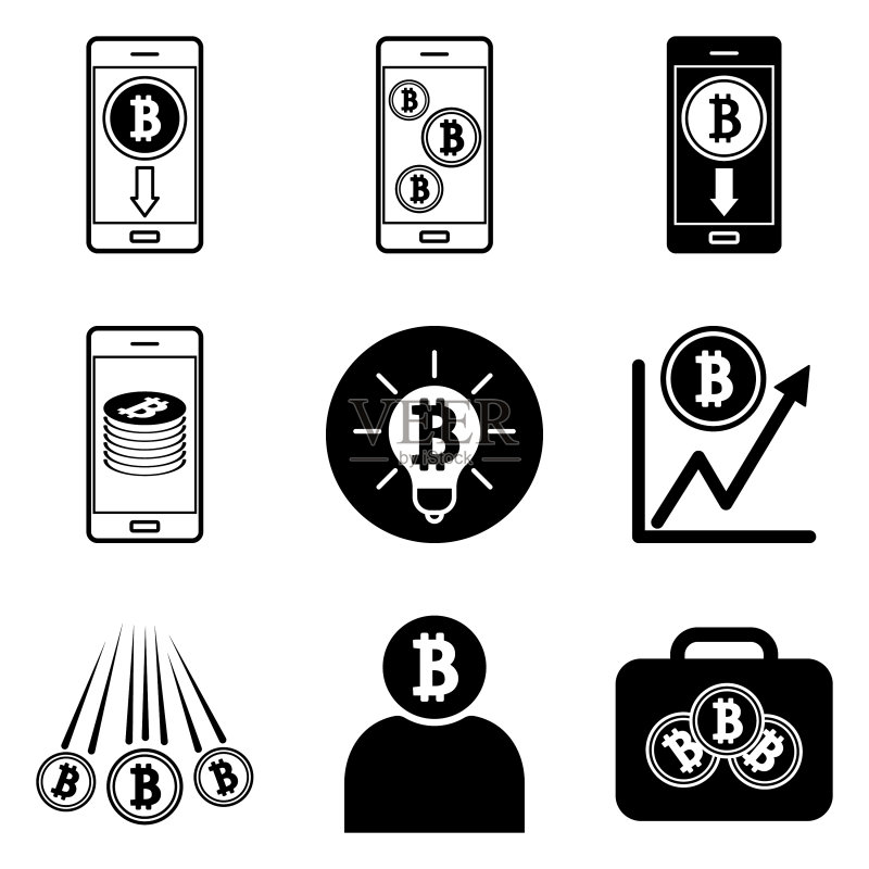 白色背景上孤立的比特币扁平图标集图标素材