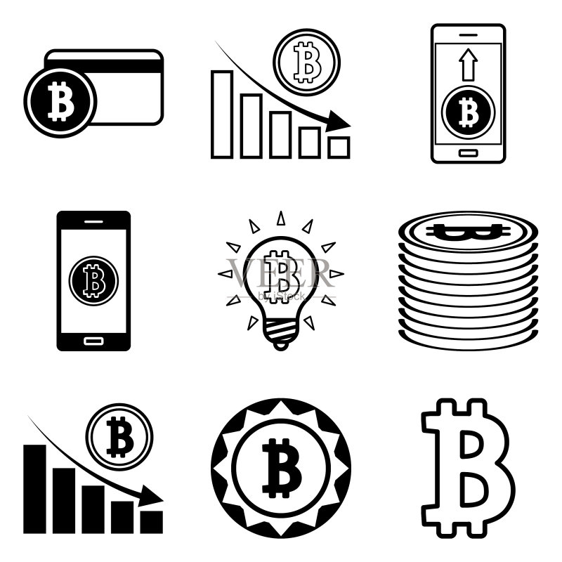 白色背景上孤立的比特币扁平图标集图标素材