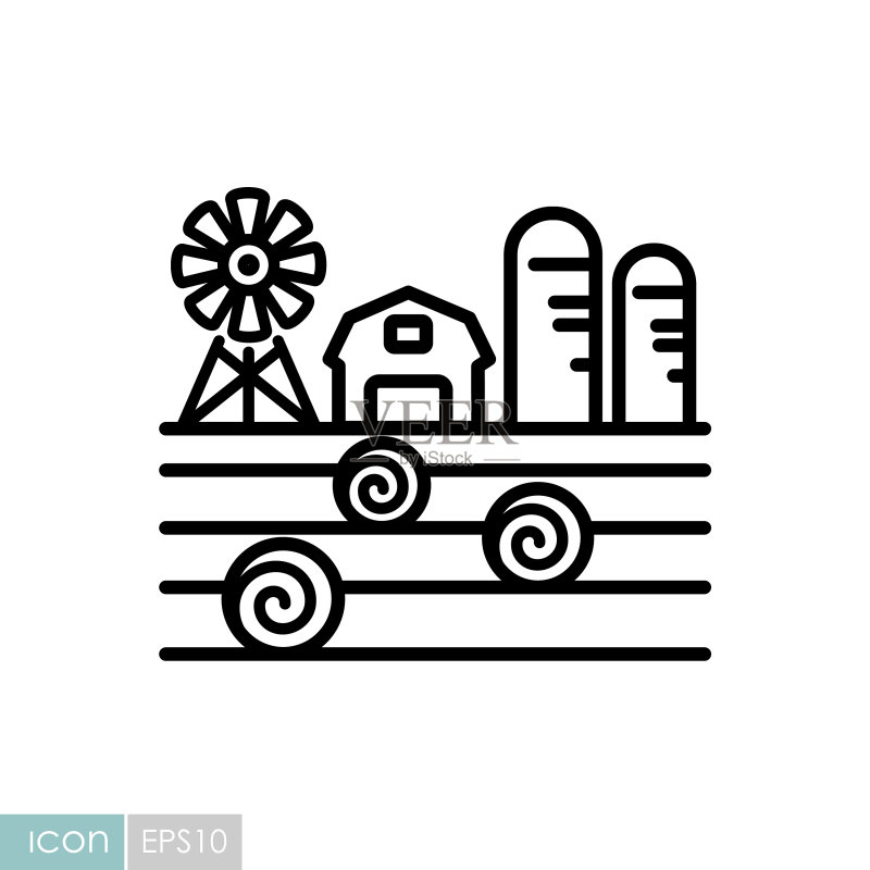 带谷仓风车草垛的农场景观图标素材