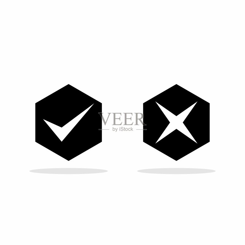 对错符号：勾号和叉号，接受/拒绝，批准/不批准，是/否，正确/错误，绿色/红色，正确/错误，确定/不确定 - 矢量标记符号。白色轮廓设计。隔离图标。图标素材