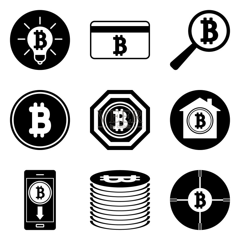 12个扁平风格的比特币图标，白色背景图标素材