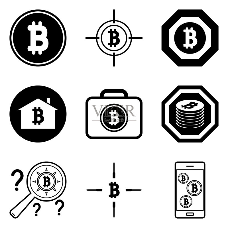 12个扁平风格的比特币图标，白色背景图标素材