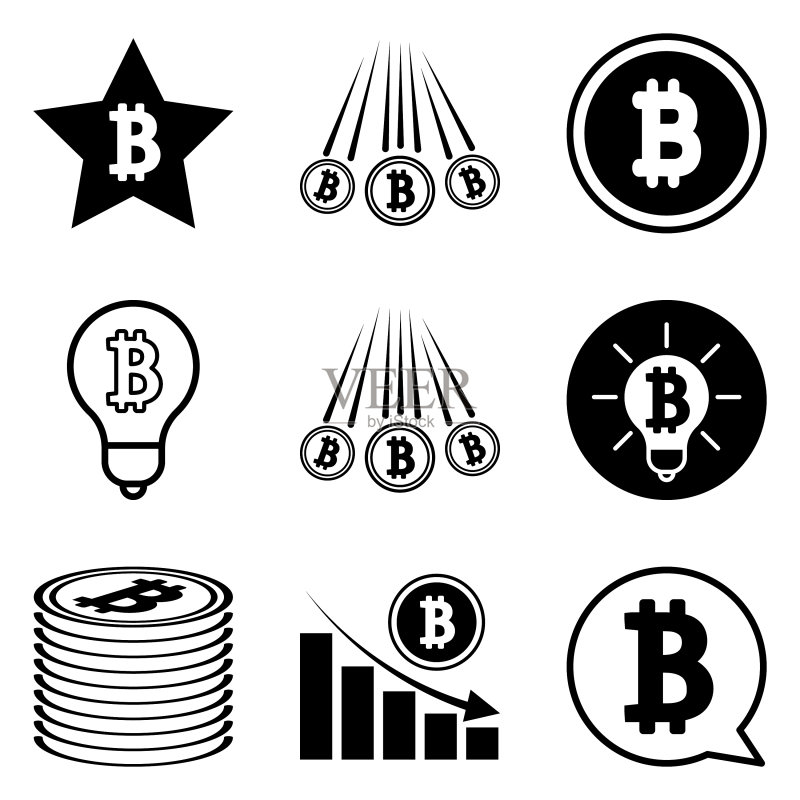 12个扁平风格的比特币图标，白色背景图标素材