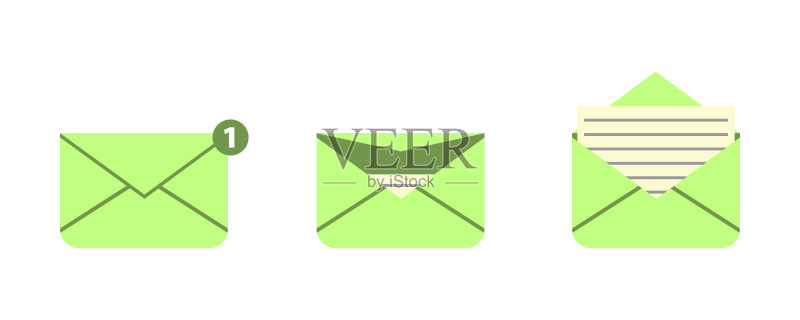 绿色打开的邮件信封图标集，带标记新消息，隔离在白色背景上。渲染电子邮件通知。信封集。隔离的信封。EPS10图标素材