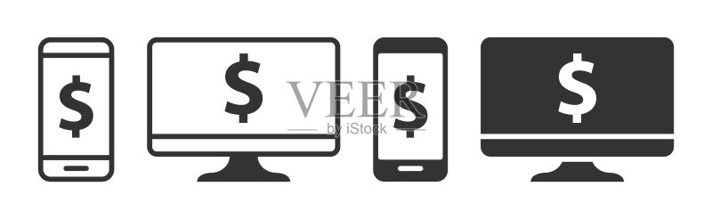 网上银行图标：带美元符号的手机和电脑图标矢量图图标素材