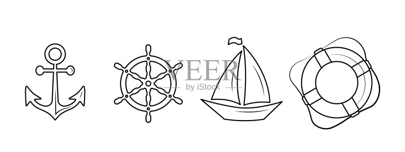 航海海洋图标集邮轮黑线图标素材