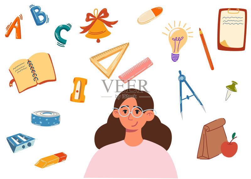 学校用品。你好,学校刻字。可爱的小女孩要去学习了。孩子们的科目。矢量插图在一个平面风格的白色背景。所有对象都是隔离的正版插画素材