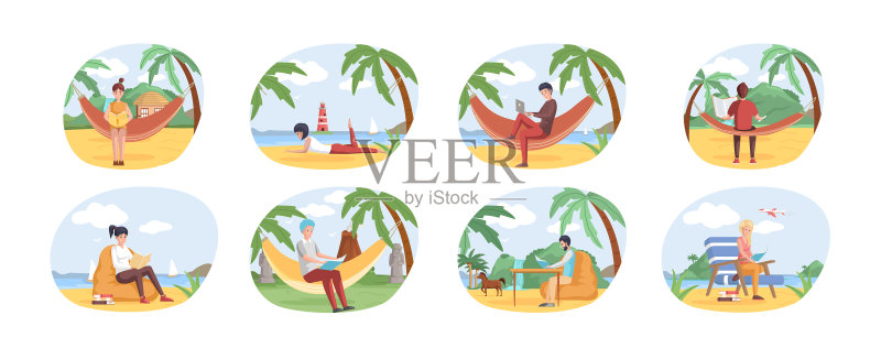 阅读人物扁平风格插画与书籍图标素材