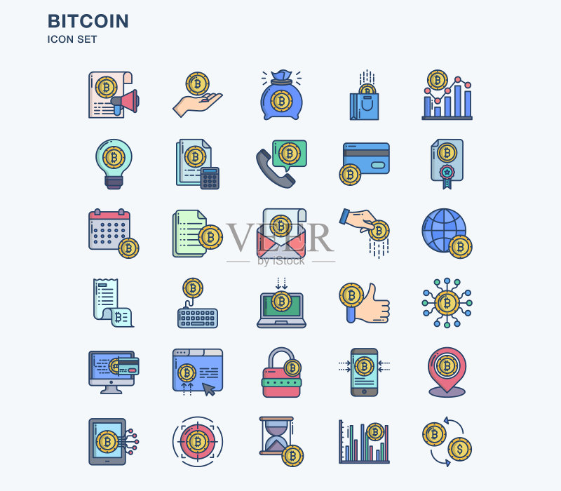 比特币和加密货币线性彩色图标集图标素材