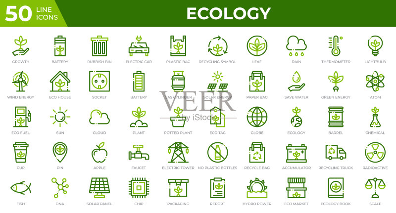 50个彩色线性生态网页图标：回收、生物、可再生能源矢量图图标素材