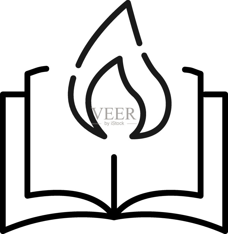百科全书、科学、教育标志，商店书籍文章网站专用高品质符号，可编辑笔画，打开的书上的火焰或火焰矢量线条图标图标素材