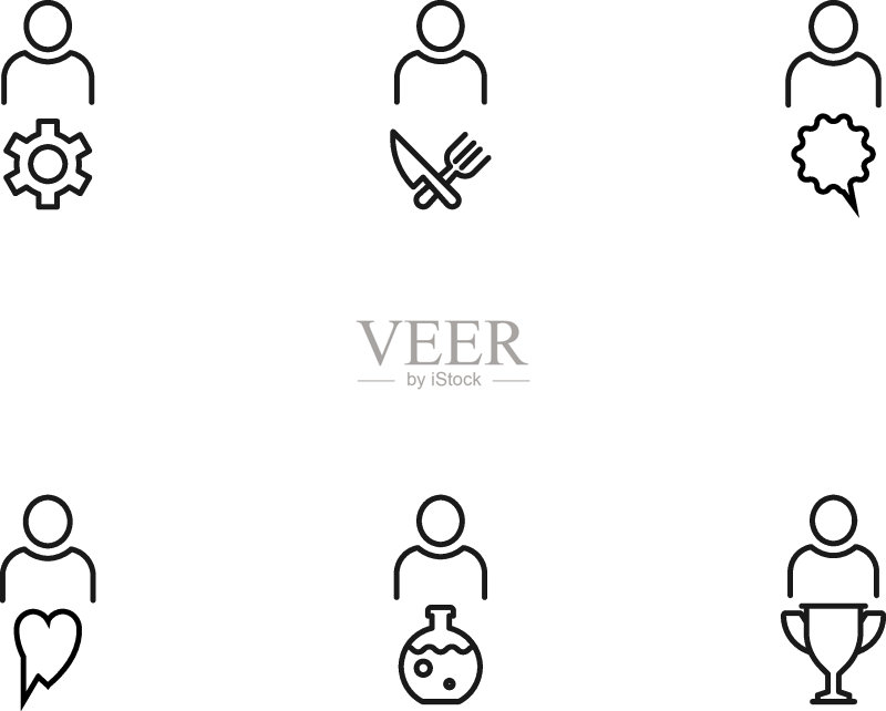 单色标志线性图标集，适用于广告、商店、App。齿轮、交叉的刀叉、对话气泡、心形、灯泡、奖杯和无脸人图标素材