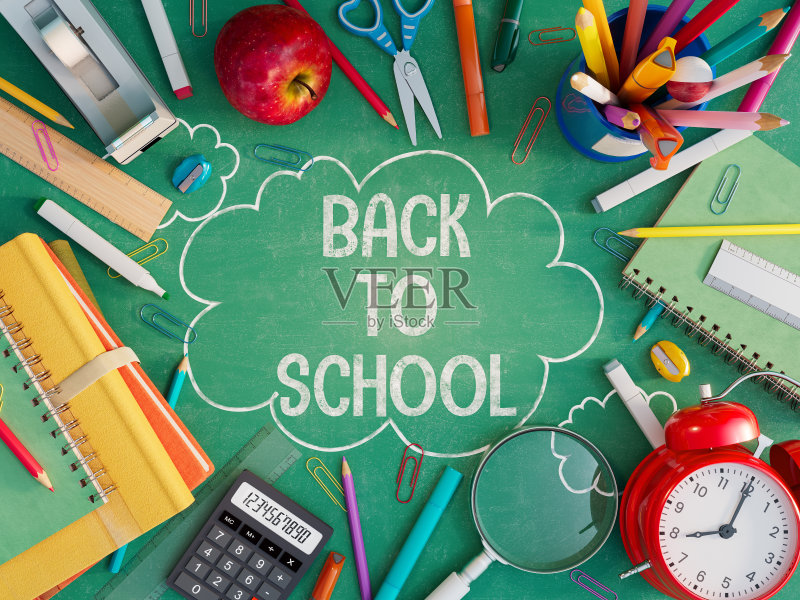 绿色黑板上有学校的课本。回到学校概念的背景正版图片素材