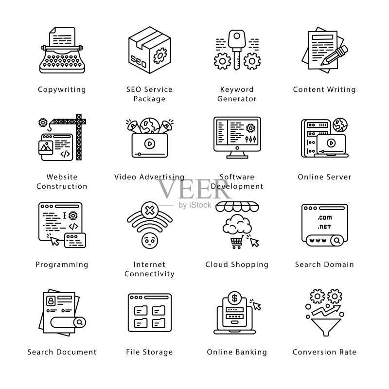 SEO、开发和营销轮廓图标 - 描边矢量图图标素材
