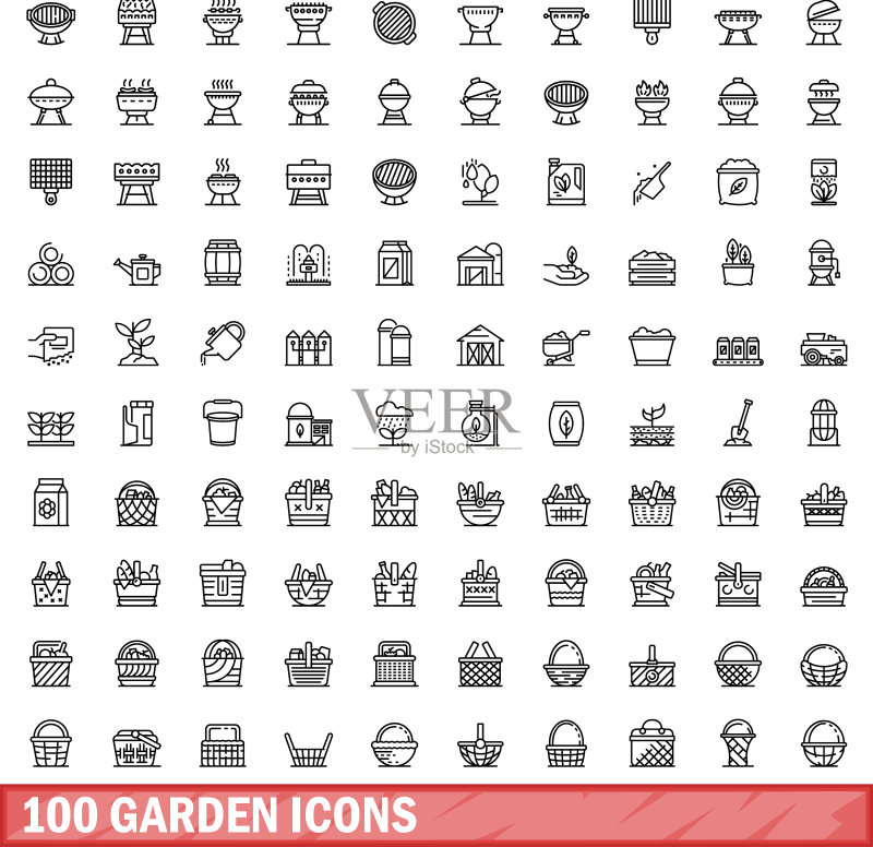 100个园林图标集，轮廓风格图标素材
