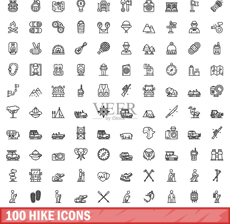 100个徒步旅行图标轮廓样式图标素材